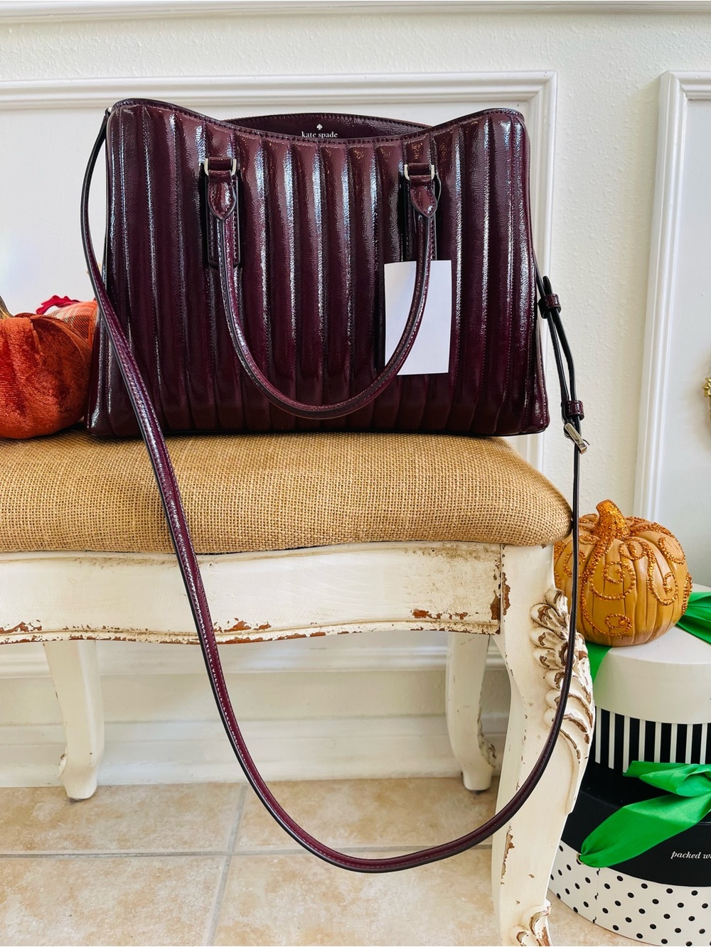 Kate Spade New York Thompson Street Shiny Quilted Satchel Bag Burgundy - Picture 15 of 16